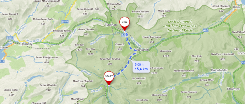 mapa z Beinglas Farm do Strathfillan Wigwam