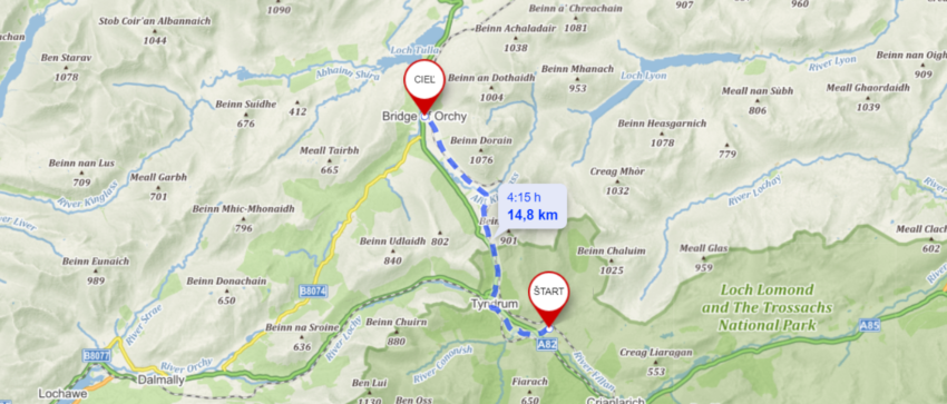 mapa trasy zo Strathfillan Wigwams do Bridge of Orchy